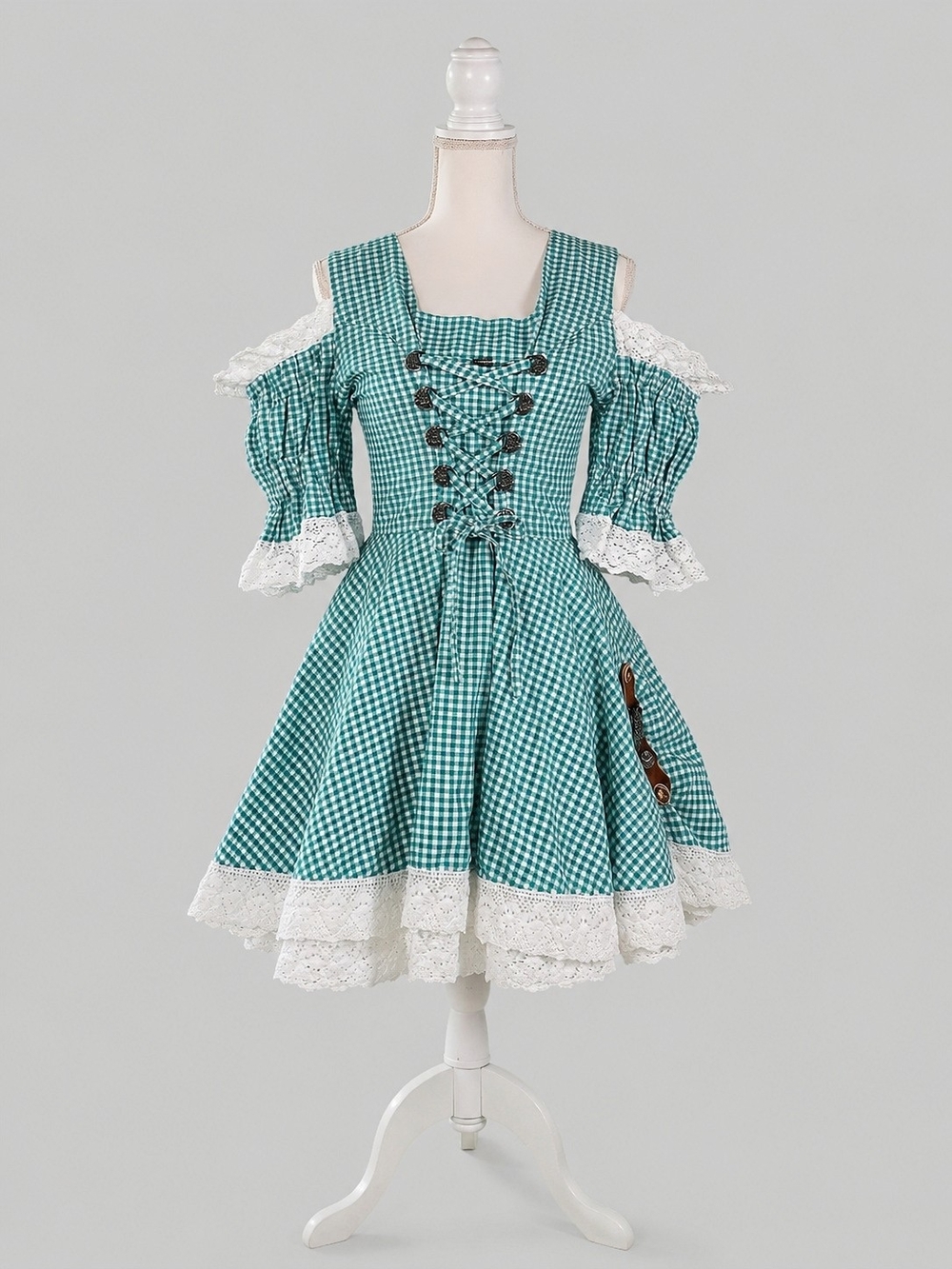 Vintage Green Gingham Lace-Trim Mini Dress, Dirndl, Oktoberfest, Trachten
